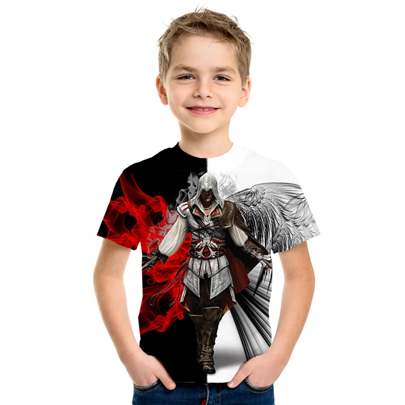 Модная детская черная футболка с 3d принтом assassins creed, Забавные топы для мальчиков и девочек, Повседневная Уличная одежда с мотивами из аниме harajuku, качественная футболка s