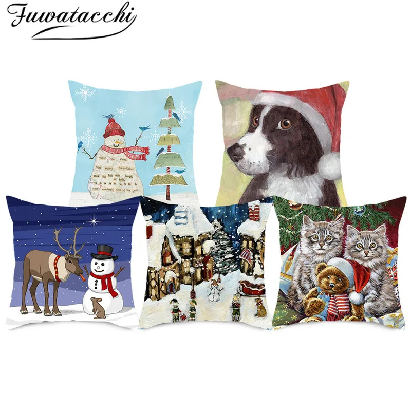 

Fuwatacchi Merry Christmas Pillow Cover Flower Deer Snowman Pillowcases Polyester Home Sofa Chair Decorative Cushion Covers 2019