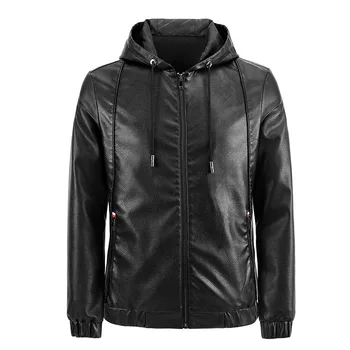 

2020 New Spring and Autumn Leather Jacket Men Solid Color Hooded Casual Motorcycle Jacket Men Slim Faux Leather Mens Jackets