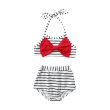 Летняя одежда для купания для маленьких девочек, топы в полоску с принтом и бантиком, дизайнерские трусы, детский купальный костюм для девочек
