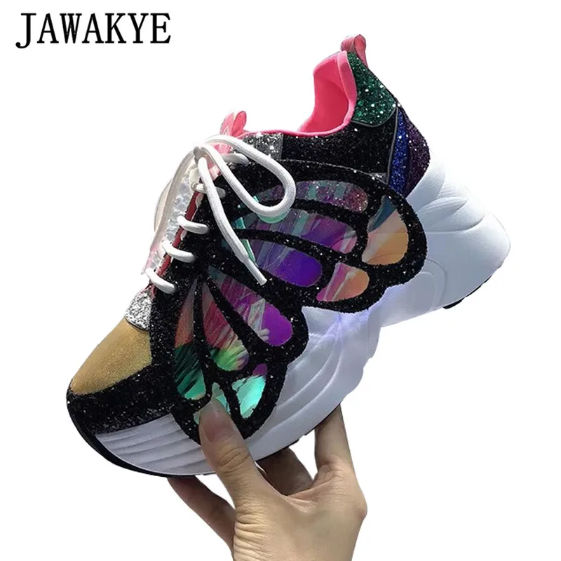 colorful Блестящие разноцветные туфли на платформе с крыльями бабочки; женская повседневная обувь из натуральной кожи на шнуровке; кроссовки на толстой подошве; женская обувь - Цвет: colorful
