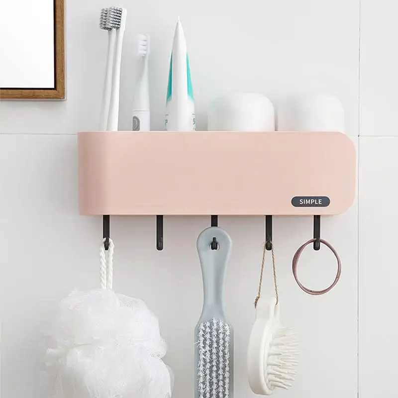 Vacclo Large Capacity Punch-free Toothbrush Toothpaste Shelf Bathroom Wall-mounted Wash Cup Holder Storage Rack With 5 Hooks