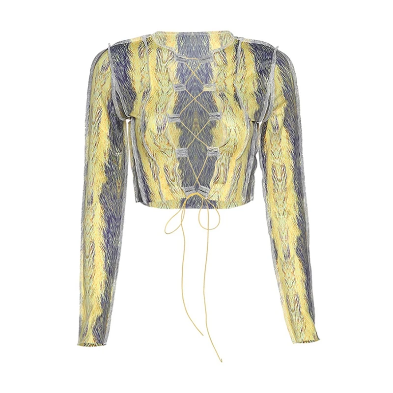 Autumn Aesthetic Bandage Female Clubwear Chic Hollow Out Print Street Crop Tops Tshirt Women Long Sleeve New