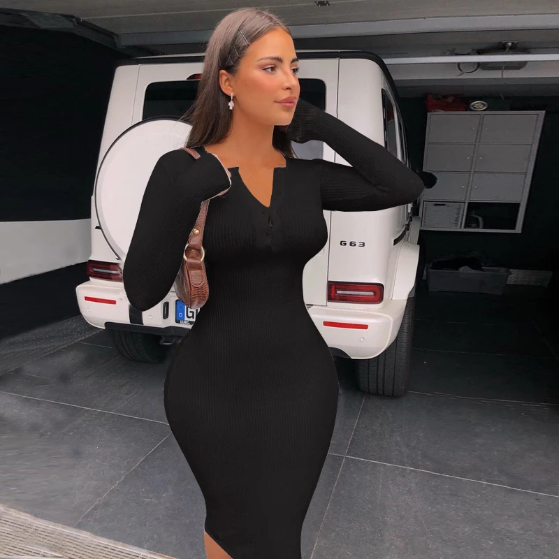 

2021 Autumn Winter Club Ribbed Knitted Women Midi Dress Solid Long Sleeve Buttons O Neck Bodycon Sexy Party Elegant Dress