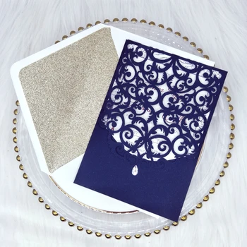 

50X Elegant Navy Blue Laser Cut Wedding Invitation Card with Diamond Shiny Personalized Printing Invitations for Quiceanera
