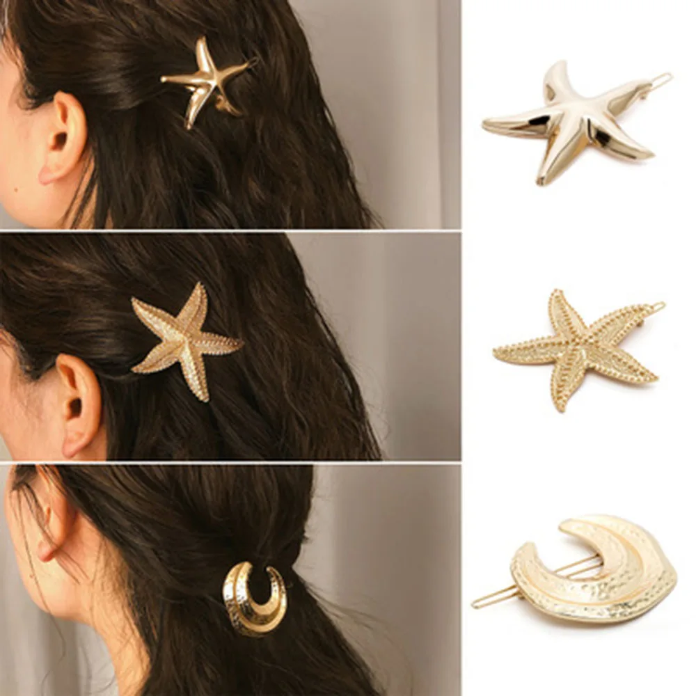 

2019 New arrival VintageSummer Hot Fashion Alloy Gold /silver Color Moon Starfish Shape Hairpins Female Hair Styling Accessories