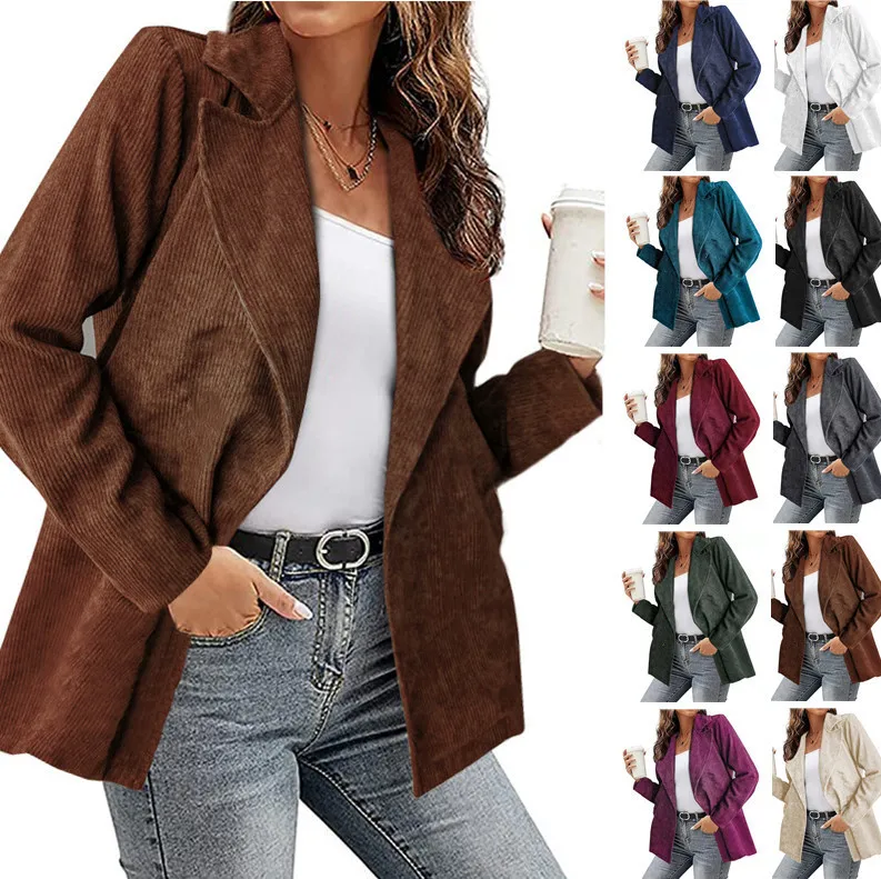 2021 European and American hot style women's autumn and winter new solid color jacket suit corduroy jacket cardigan male