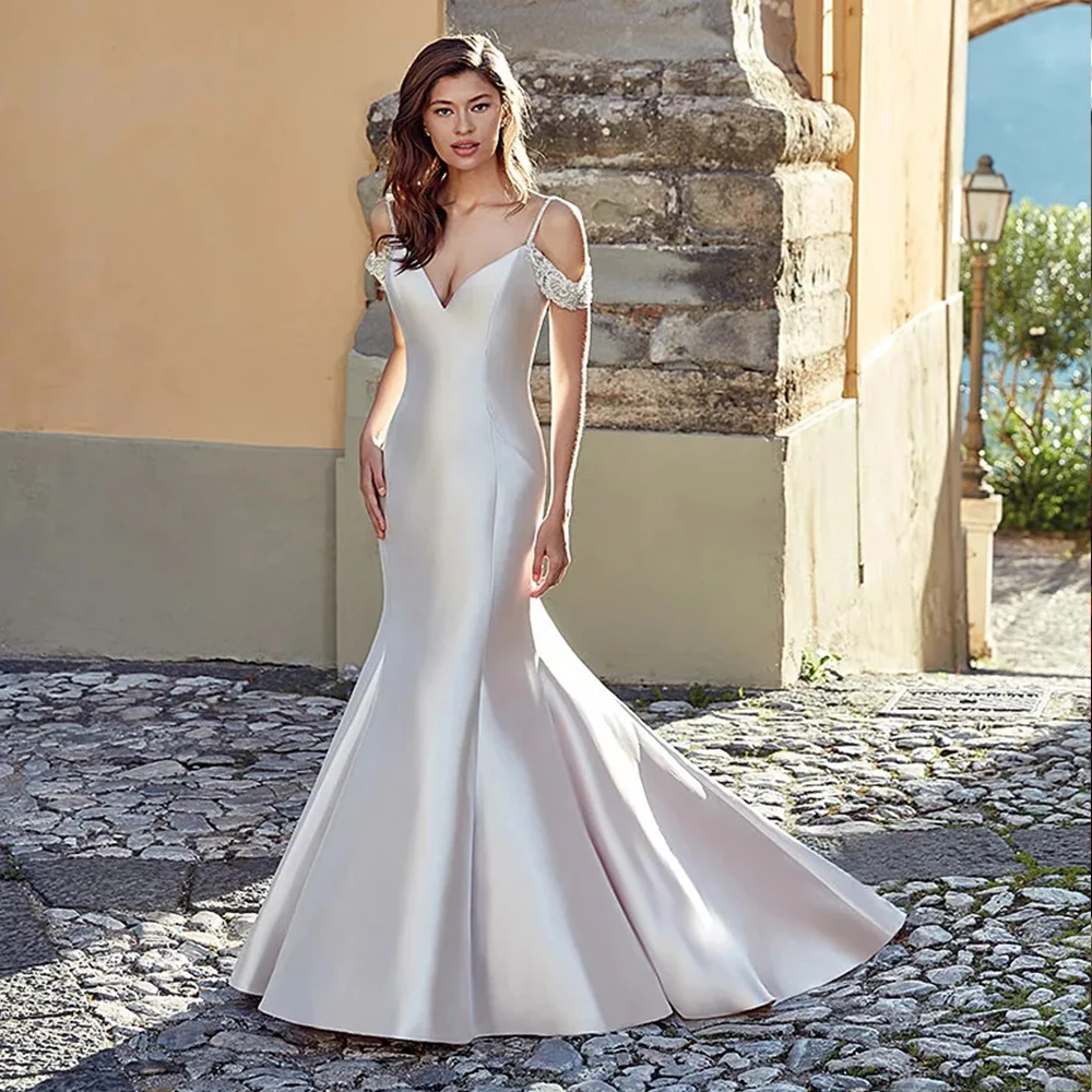 Атласное с юбкой-русалкой свадебное платье 2019 с открытыми плечами Vestido de Noiva Sereia v-образный вырез простое платье с открытой спиной