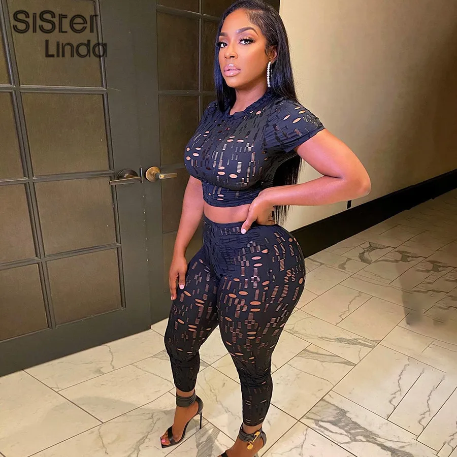 Sisterlinda Sexy Hole Women 2piece Set Short Sleeve Skinny Fitness Tops+leggings Simple Tracksuit Party Clubwear Outfits - Pant Sets -