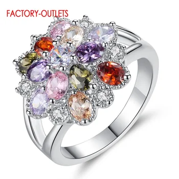 

New Fashion Engagement Round Rings Genuine 925 Sterling Silver Fashion Jewelry Rainbow Crystal Finger Rings For Women Girls