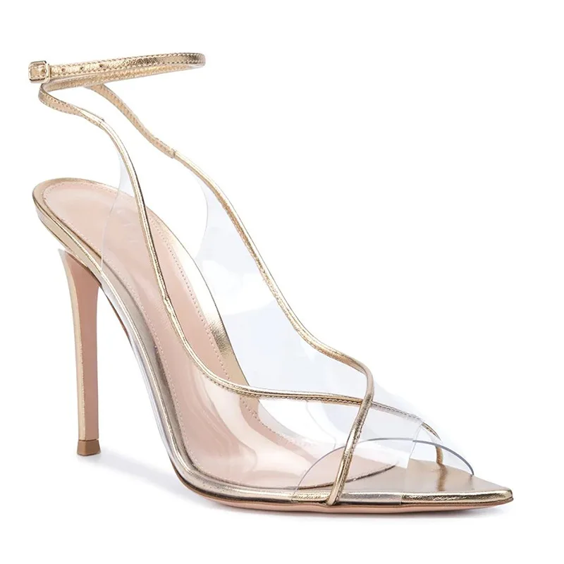 

Sexy Crossed Pvc Strap High Heel Sandals Woman Peep Toe Gold Leather Patched Transparent Shoes Ankle Strap Gladiator Party Heels