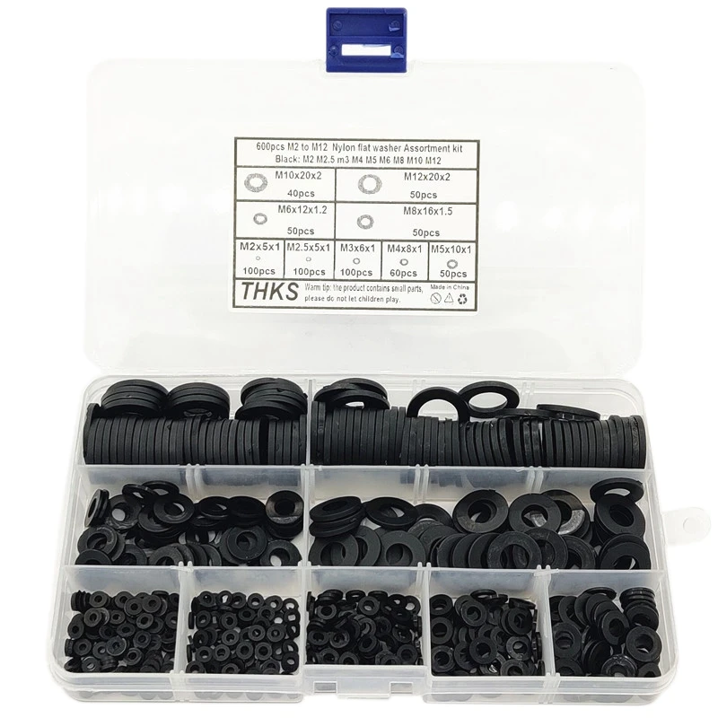 

600Pcs Black Nylon Rubber Flat Washer Assortment Kit for M2 M2.5 M3 M4 M5 M6 M8 M10 M12 Plain Repair Washer Furniture Gasket Kit