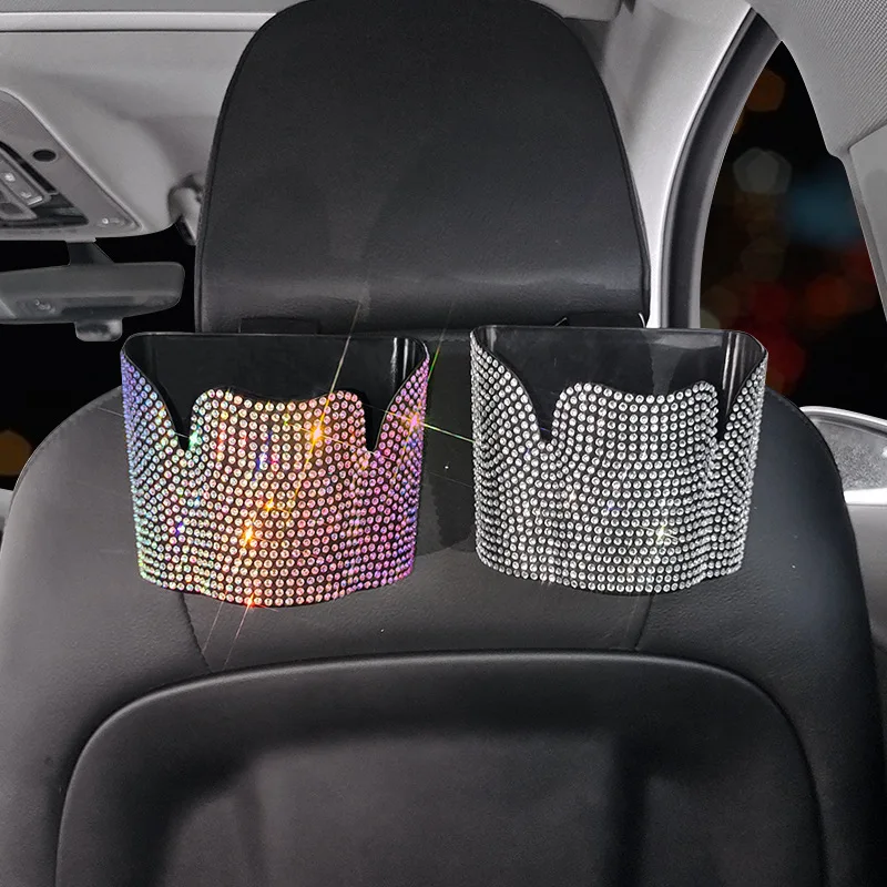 

Bling Crystal Car Trash Can Diamond Car Backseat Storage Bag Hanging Holder Car Garbage Can Sparkling Auto Interior Accessories