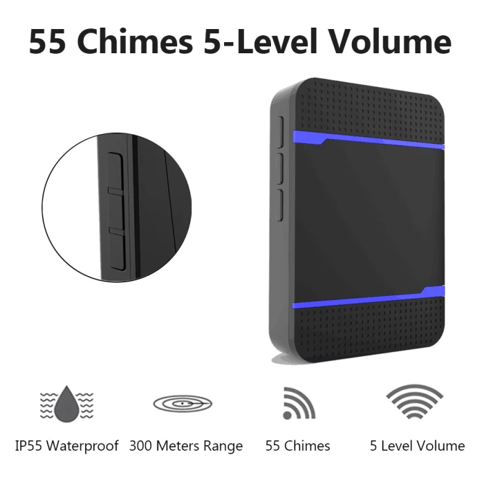 300M 5 Volume Wireless Doorbell Transmitter+Receiver Home Door Bell Set with 55 Ringtones ING-SHIPPING