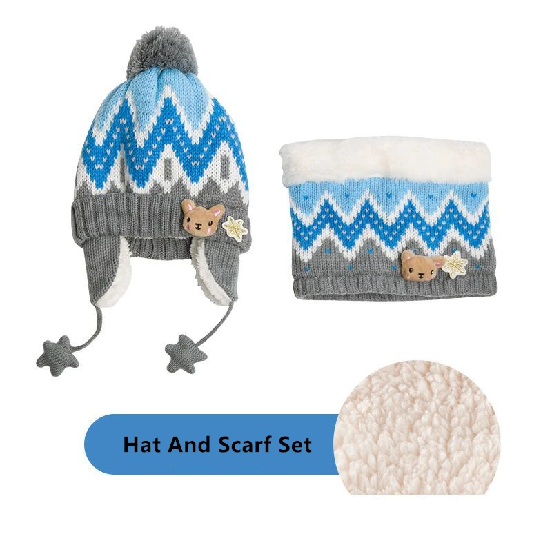 Cute Animals Winter Children Hat Scarf And Gloves 3pcs/lot Baby Girl Boy Hat Winter Double Layer Knit Warm Caps Kids Velvet Hat - Цвет: Hat And Scarf Set