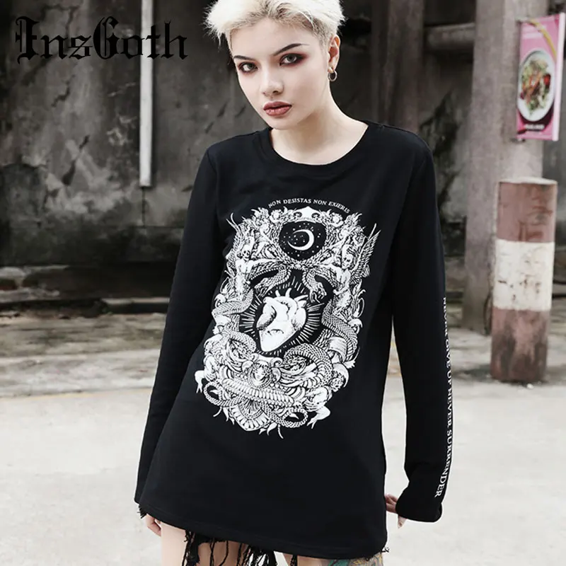 

InsGoth Women Hoodie Autumn Thin Pullover Gothic Demon Printed Hoodies Sweartshirt Halloween Fashion Streetwear Female Black Top