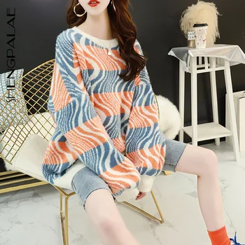 

SHENGPALAE 2020 New Spring Autumn Long Sleeve Jumper Knitted Loose Fashion Pullover Femme Plus Size Striped Sweater ZA5001