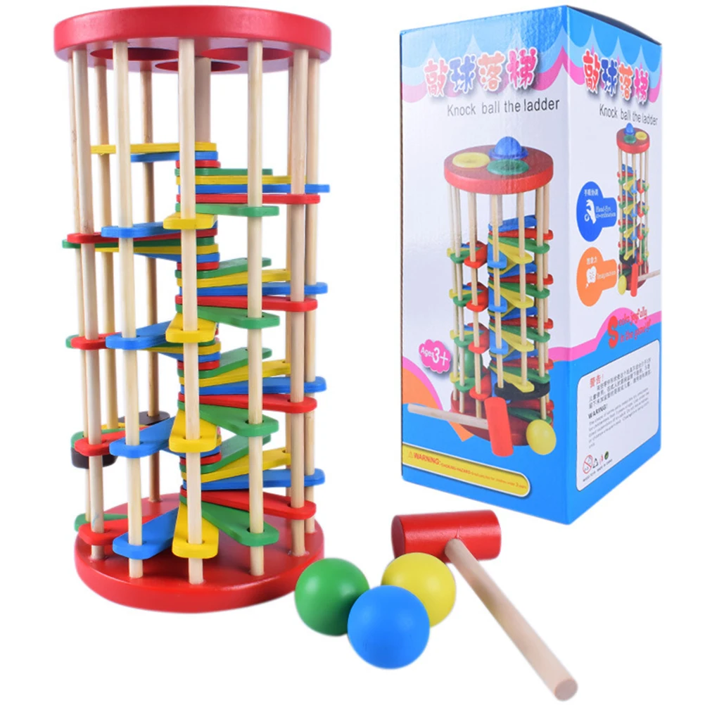 Hot Selling Creative Pound And Roll Wooden Tower With Hammer Knock The Ball Rolling Off Ladder Early Education Baby Toys#10