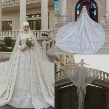شراءفساتين زفاف إسلامية مطرزة لامعة مع الحجاب 2021 كريستال حجم كبير زي العرائس الشرق الأوسط الفاخرة Vestido De Novia