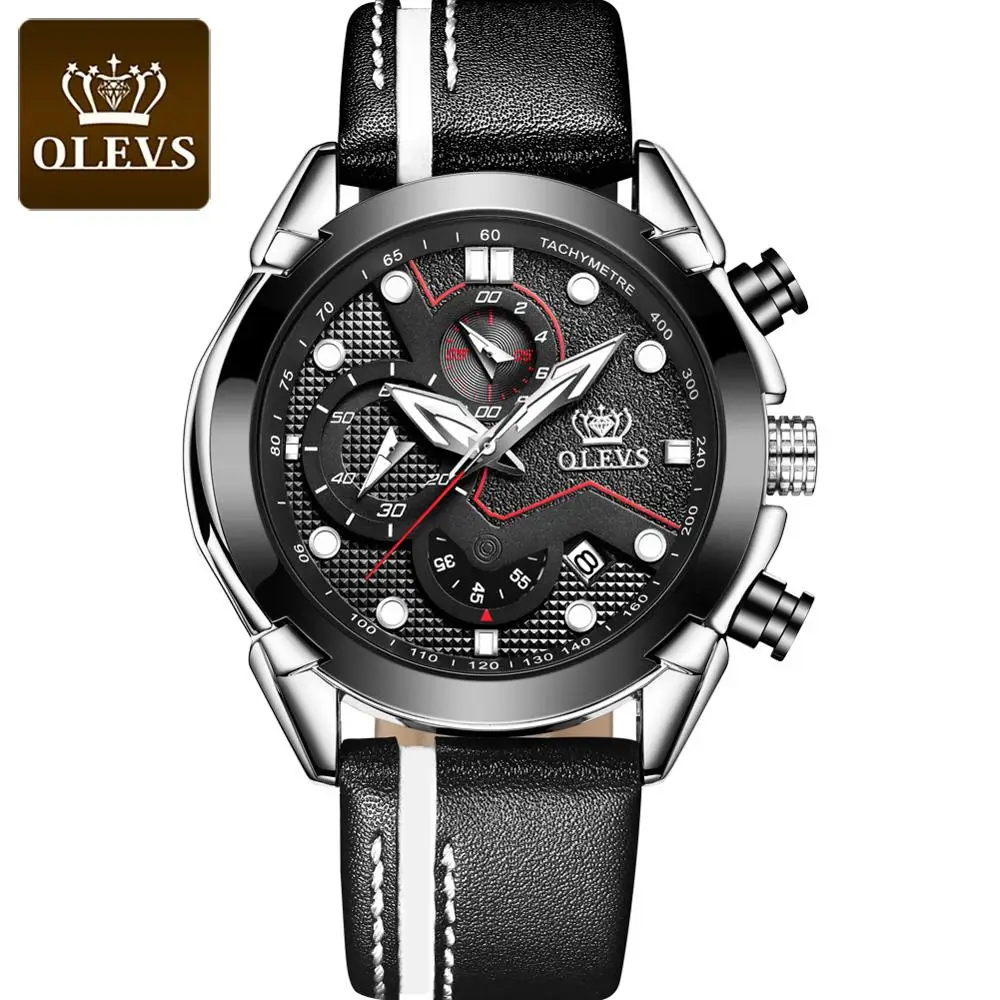 

OLEVS Leather Belt Watch Large Dial Multi-Function Quartz Wristwatch Luminous Waterproof Men's Watches New Outdoor Sport Watch