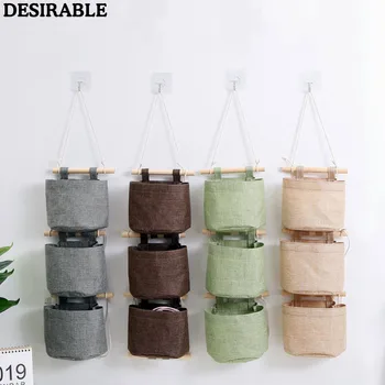 

3Pcs Cotton Linen Hanging Storage Bag Pockets Wall Mounted Wardrobe Hang Bag Behind the door Wall Pouch Cosmetic Toys Organizer