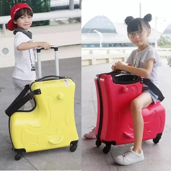 

new Kids Riding Trojanl Luggage Hot Boys Girls Travel Trolley Alloy Children Sitting Rolling Luggage Suitcase Spinner Wheels