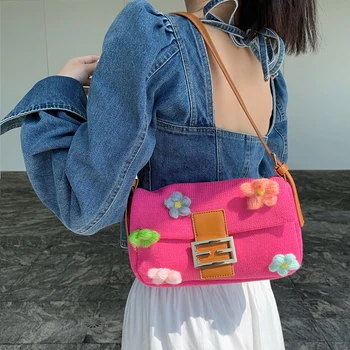 

Woven Removable Flower Baguette Shoulder Bag Casual Personality Shoulder Bag Appliques Vintage Female Crossbody Bag A030