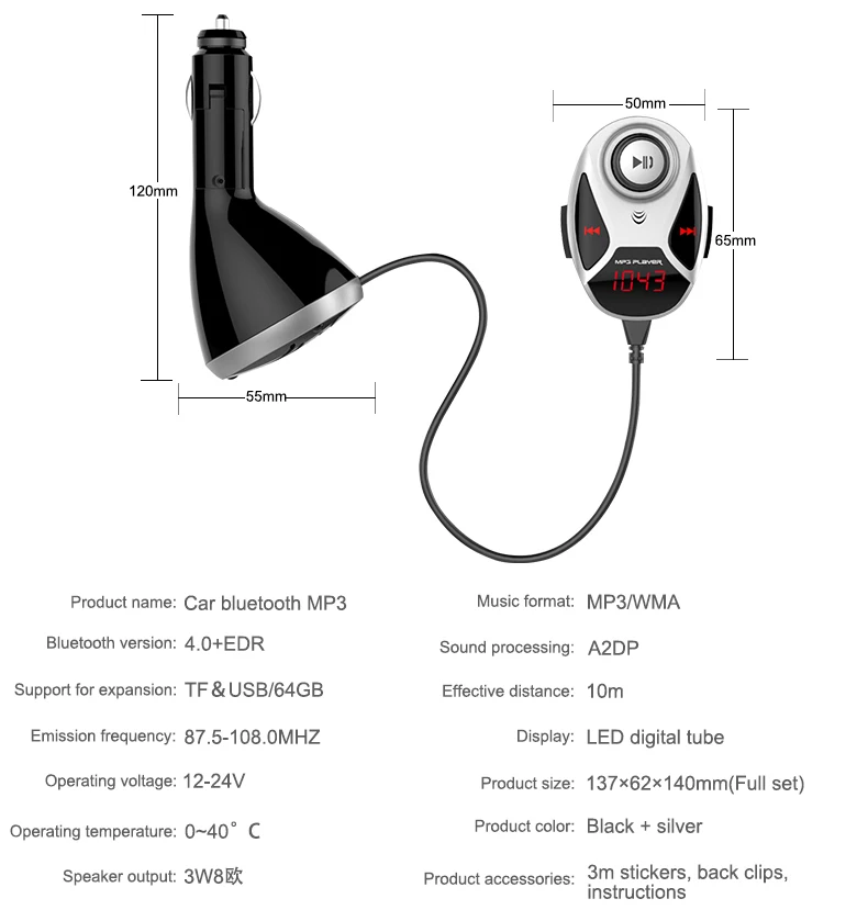 FM Transmitter Wireless Bluetooth Car Kit MP3 Player Modulator LED Display USB Charger Support TF Card For Car For Phone