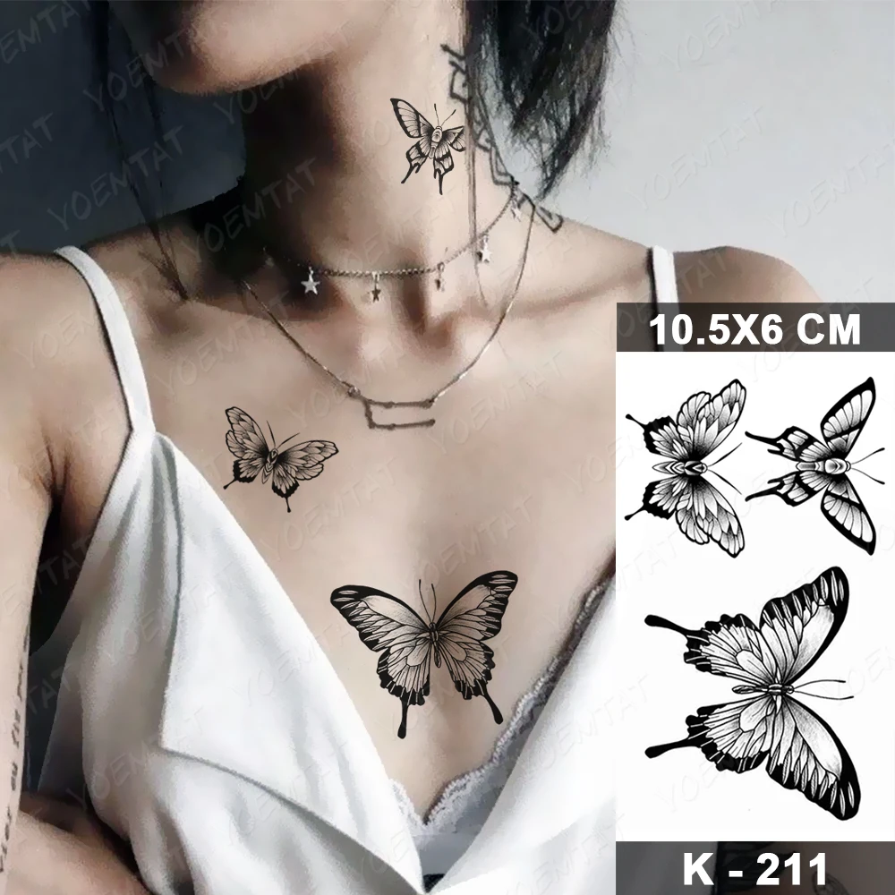 Adesivo de tatuagem temporária, adesivo de borboleta preta sexy, arte  corporal, tatuagem de flash falso, tatuagem de mão feminina nas costas -  Corano Jóias