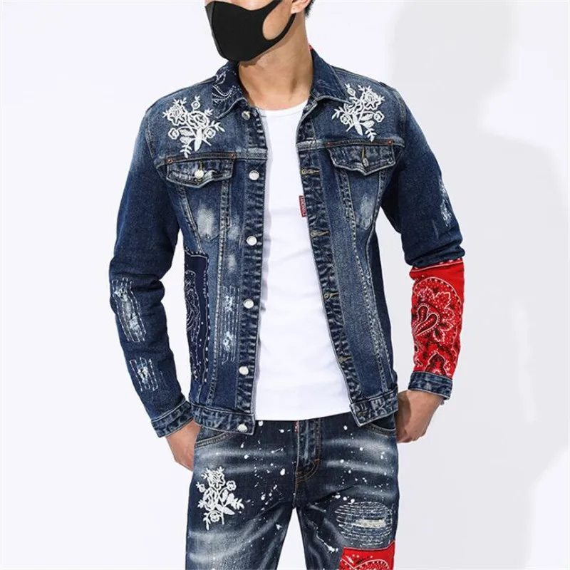

2020 new men's original high-end trendy brand denim jacket men's hole stitching embroidery slim personality men's jacket