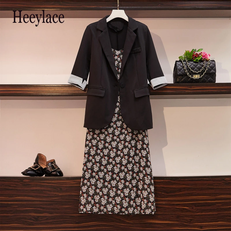 

Plus SizeTwo Piece Sets Women Kitty Loose Single Breasted Elegant Blazers Tops+Casual Leopard Skirts Simple Autumn Fashion Suits