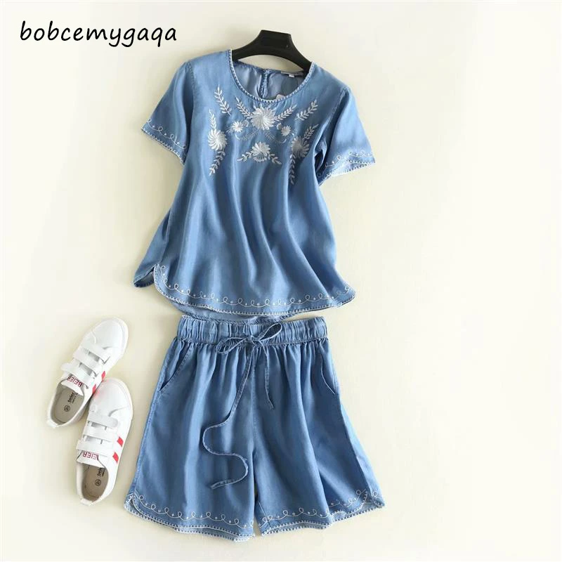 embroidery women denim set blouse loose o neck soft elastic waist jeans shorts beach set lace up  blue summer two piece set matching workout sets