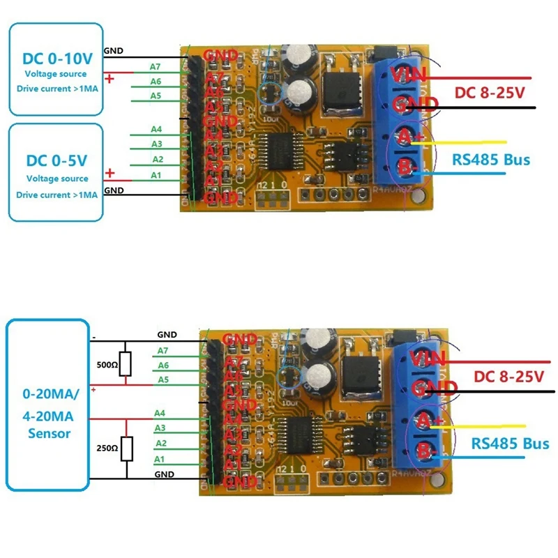 5 В/10 в 7 каналов RS485 аналоговый прибор для пробоотбора напряжения ModBus RTU плата ADC 0 20