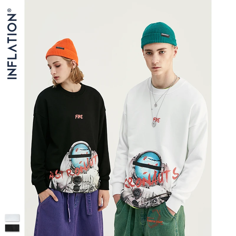 INFLATION ASTRONAUTS Print Space Elements Fleece Men Sweatshirt In White And BLack Men Loose Fit Streetwear Men Sweatshirt 9621W INFLATION ASTRONAUTS Print Space Elements Fleece Men Sweatshirt In White And BLack Men Loose Fit Streetwear Men Sweatshirt 9621W