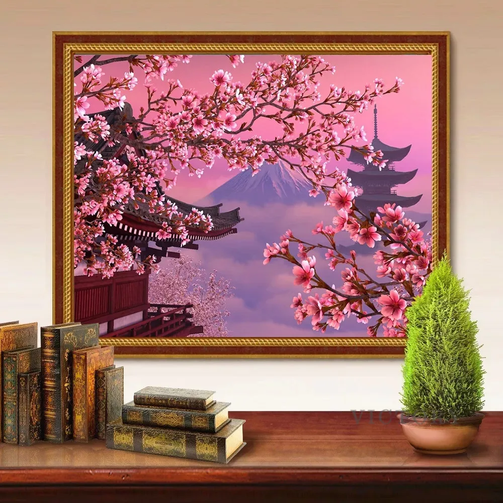 Pittura Diamante 5D Paesaggio Giapponese Montagna Diamante Ricamo Vendita Fiore Di Pesco Strass Decor Per La Casa
