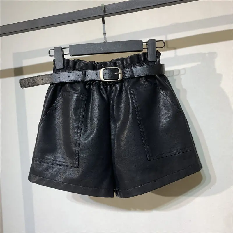 Belt Included Korean Style High Waist Pu Leather Shorts Womens Autumn Winter Booty Shorts