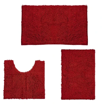 

3Pcs Bathroom Rug Set Absorbent Plush Shaggy Chenille U-Shape Contour Toilet Mat