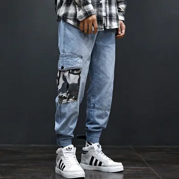 

#2161 Pencil Harem Pants Jeans Men Plus Size 42 Blue Hip Hop Jeans Elastic Waist Ankle length Mens Denim Cargo Jeans Streetwear
