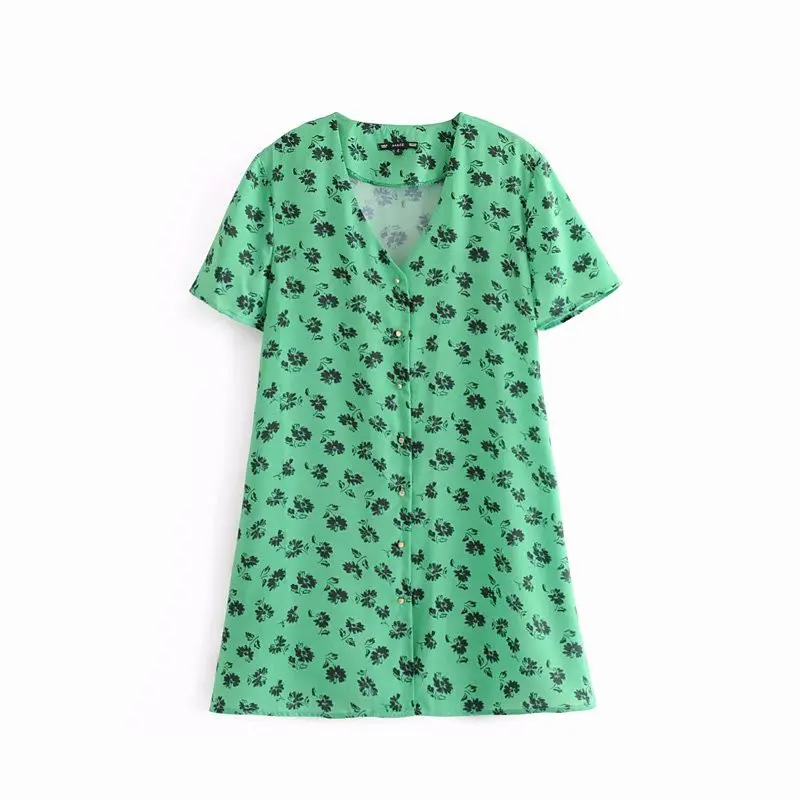 

2019 Fashion Za Chic Floral Print Green Single Breasted Chiffon Dress Vintage Women Dresses Casual Ladies Vestidos Boho Female