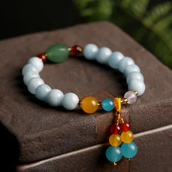 

Natural Aquamarine Bracelet 9mm Women's Vintage Agate Rose Quartz Bracelet Lucky Beads Jewelry