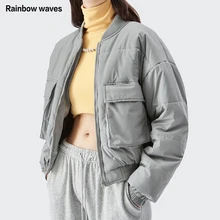 

Rainbowwaves Women Jackets For 2022 Winter Three-Dimensional Big Pocket Warm Cotton Jacket Ladies Solid Black Grey Coat Crop Top