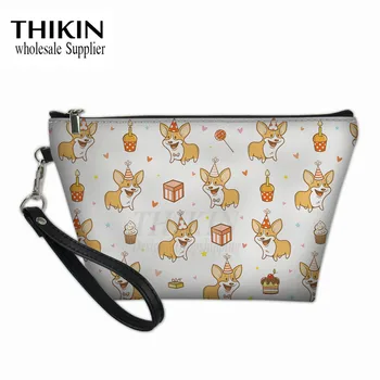 

THIKIN Cute Cartoon Corgis Print Women's Makeup Bag Kawaii Animals Toiletries Bag for Ladies Brush Box Waterproof Females Bolsa