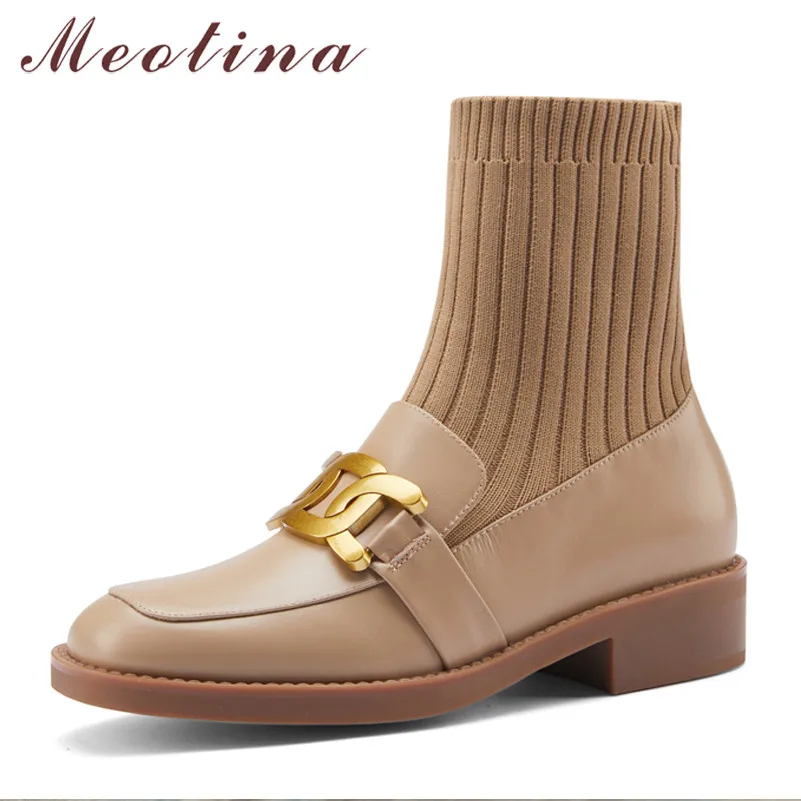 

Meotina Genuine Leather Med Heel Ankle Boots Woman Boots Block Heel Short Boots Metal Decoration Female Shoes Autumn Winter 40