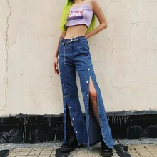 Уличная Высокая талия обтягивающие винтажные женские джинсы женские сексуальные Боковые Сплит синие широкие джинсы женские случайный звонок внизу расклешенные джинсы