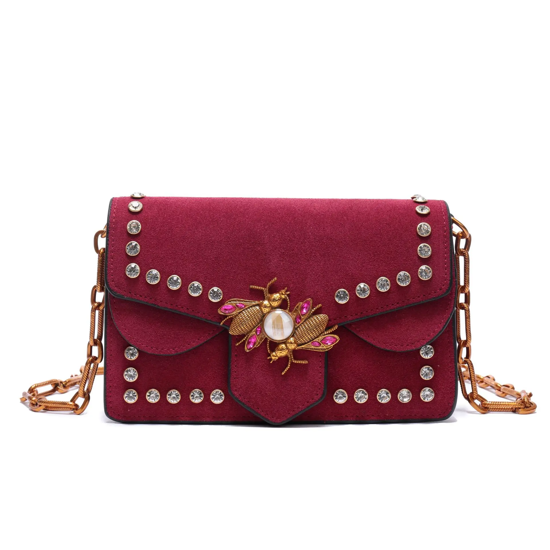 

2019 Spring And Summer New Style Genuine Leather Single-sling Bag for Ladies Dull Polish Cowhide Bees Bag Fashion Rivet Shoulder