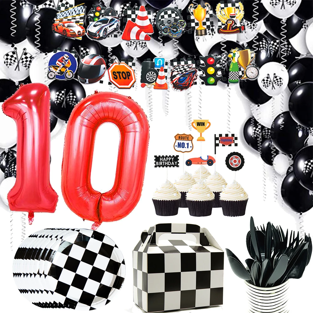 

Racing Cars Driving Disposable Tableware Black White Balloons Paper Plates Cup Napkin Set Boy Birthday Party Decoration