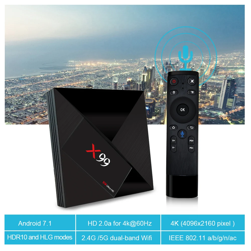 

X99 Smart Android TV Box Android 7.1 RK3399 Six Core 4G / 64G UHD 4K VP9 H.265 2.4G / 5G WiFi 1000M LAN BT4.1 HDR10 Set-Top Box