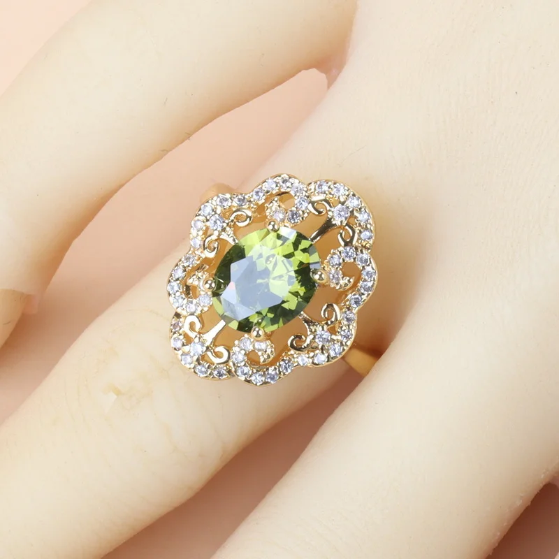 Bridal Jewelry Sets Crystal Jewelry Sets 10-Colors Cubic Zirconia Women Accessories 18K Gold Plated Olive Green Zirconia Charm Bracelet And Ring Jewelry Sets