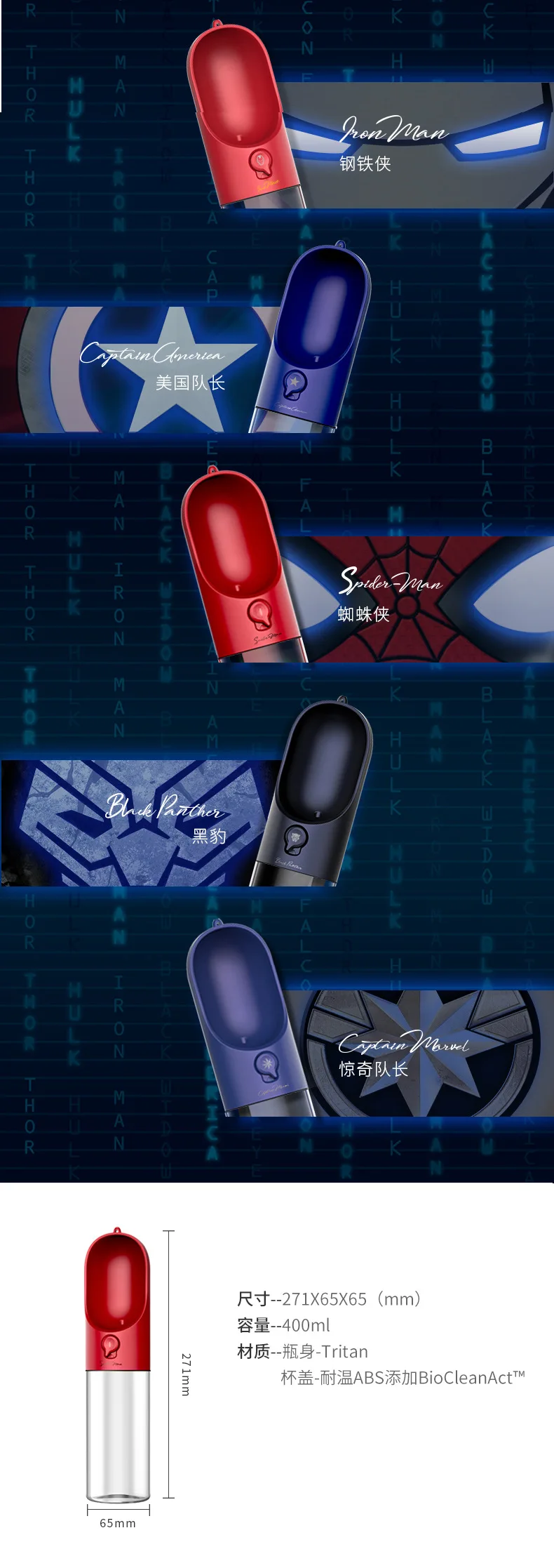 Чашка для домашних животных, версия Marvel, портативная стеклянная чашка для кормления, для улицы, чайник для собак, Интерактивная чашка, товары для домашних животных