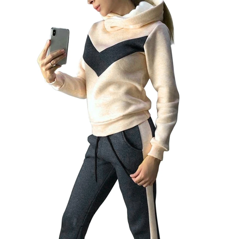 Зимний спортивный костюм для женщин, Модный комплект из 2 предметов, толстовка с капюшоном, лоскутные тренировочные штаны, теплый наряд, набор для бега и бега, спортивная одежда - Цвет: beige